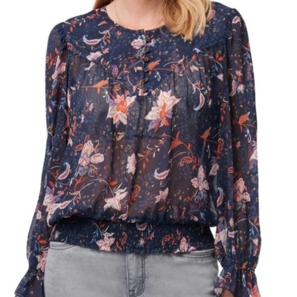 Democracy Tops - Democracy | Flowy Semi-Sheer Long Blouson Sleeve Blouse with Smocked Hem M…